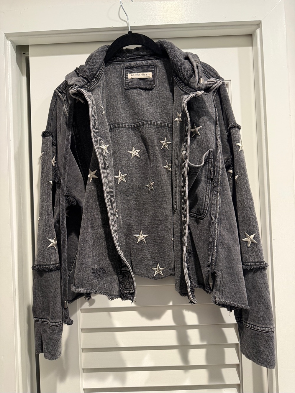Free People We The Free Washed Black Star Embroidered Hooded Jean Jacket